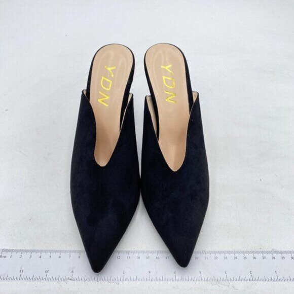 YDN Black Suede Cone Heel Pointed Toe Slide Mules Slip on V Cut Slide Sandals - Picture 3 of 8